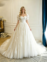 Beige White Tulle Lace Puff Sleeve Appliques Wedding Dress