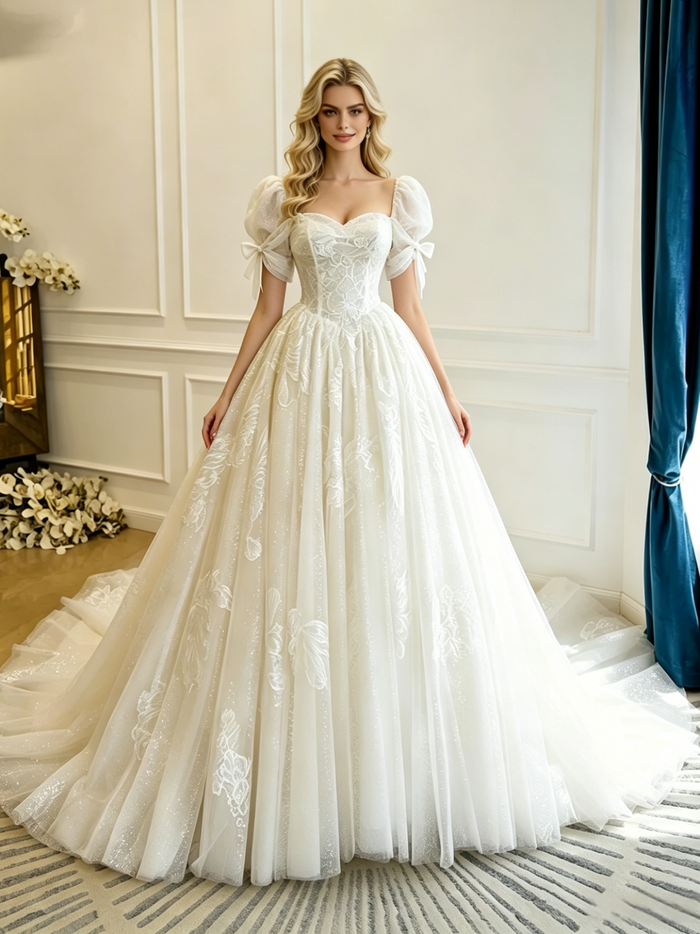 Beige White Tulle Lace Puff Sleeve Appliques Wedding Dress