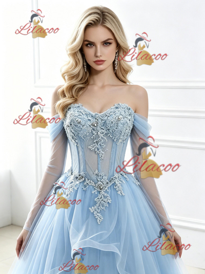 Blue Tulle Long Sleeve Appliques Prom Dress
