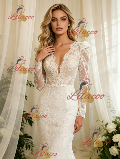 White Lace Long Sleeve V-neck Wedding Dress
