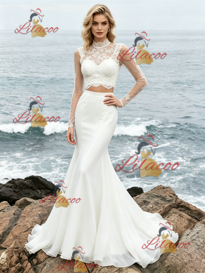 White Mermaid Two Piece Long Sleeve Wedding Dress