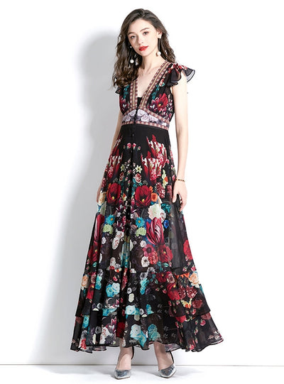 Retro Deep V-neck Printed Long Dress