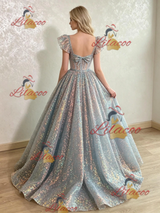 Blue Sequins Straps Prom Dress