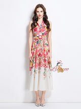 Sleeveless Silm Waist Button Printed Dress