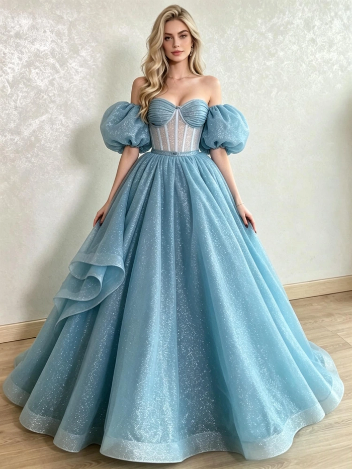 Blue Sequins Puff Sleeve Prom Dress