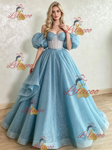 Blue Sequins Puff Sleeve Prom Dress