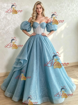 Blue Sequins Puff Sleeve Prom Dress