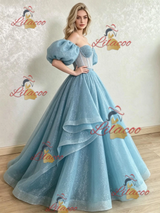 Blue Sequins Puff Sleeve Prom Dress