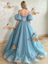 Blue Sequins Puff Sleeve Prom Dress