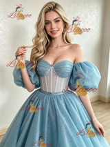 Blue Sequins Puff Sleeve Prom Dress