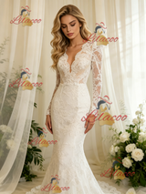 White Lace Long Sleeve V-neck Wedding Dress
