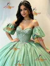 Green Tulle Puff Sleeve Beading Quinceanera Dress