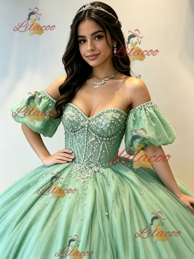 Green Tulle Puff Sleeve Beading Quinceanera Dress