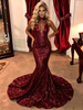Burgundy Mermaid Sequins Halter Prom Dress