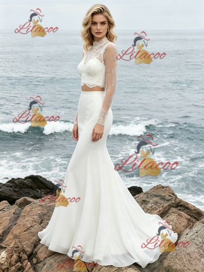 White Mermaid Two Piece Long Sleeve Wedding Dress