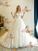 Beige White Tulle Lace Puff Sleeve Appliques Wedding Dress