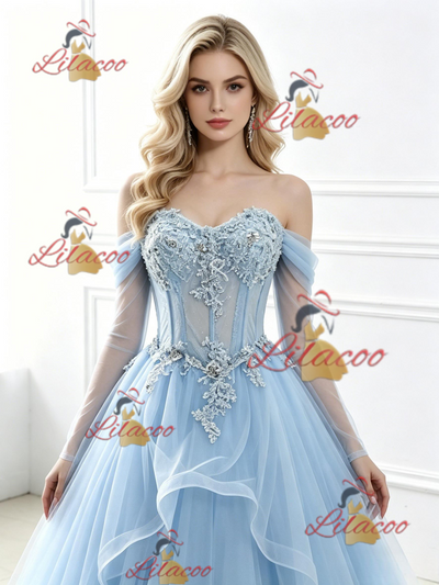 Blue Tulle Long Sleeve Appliques Prom Dress