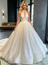 White Sequins Halter Backless Wedding Dress