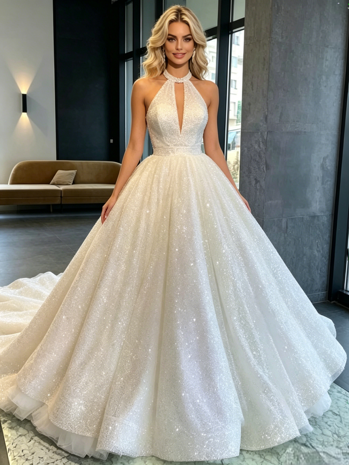White Sequins Halter Backless Wedding Dress