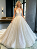 White Sequins Halter Backless Wedding Dress