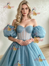 Blue Sequins Puff Sleeve Prom Dress