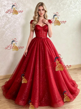 Red Sequins Straps Prom Dress