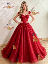 Red Sequins Straps Prom Dress