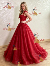 Red Sequins Straps Prom Dress