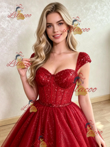 Red Sequins Straps Prom Dress