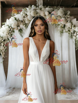 White Tulle V-neck Pleats Wedding Dress