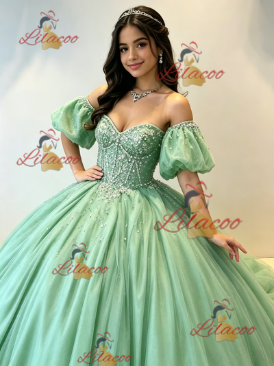 Green Tulle Puff Sleeve Beading Quinceanera Dress
