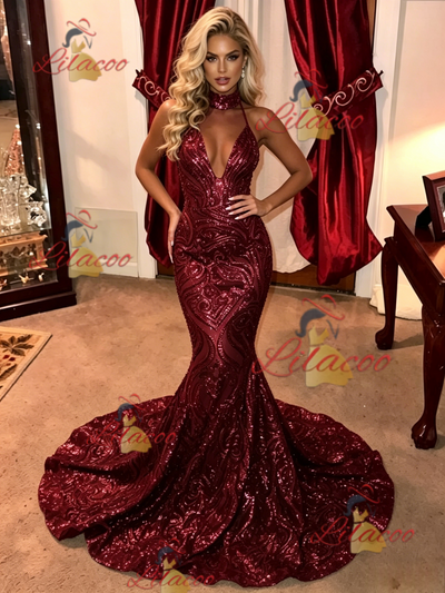 Burgundy Mermaid Sequins Halter Prom Dress