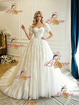 Beige White Tulle Lace Puff Sleeve Appliques Wedding Dress