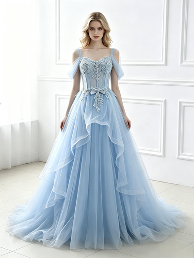 Blue Tulle Lace Straps Prom Dress
