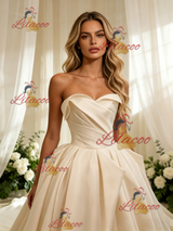 Champagne Satin Strapless Pleats Wedding Dress