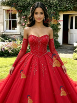 Red Tulle Long Sleeve Quinceanera Dress