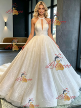 White Sequins Halter Backless Wedding Dress