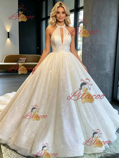 White Sequins Halter Backless Wedding Dress