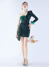 One Shoulder Long Sleeve Sequins Prom Dress
