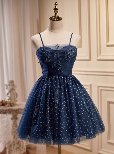 Navy Blue Tulle Beading Homecoming Dress