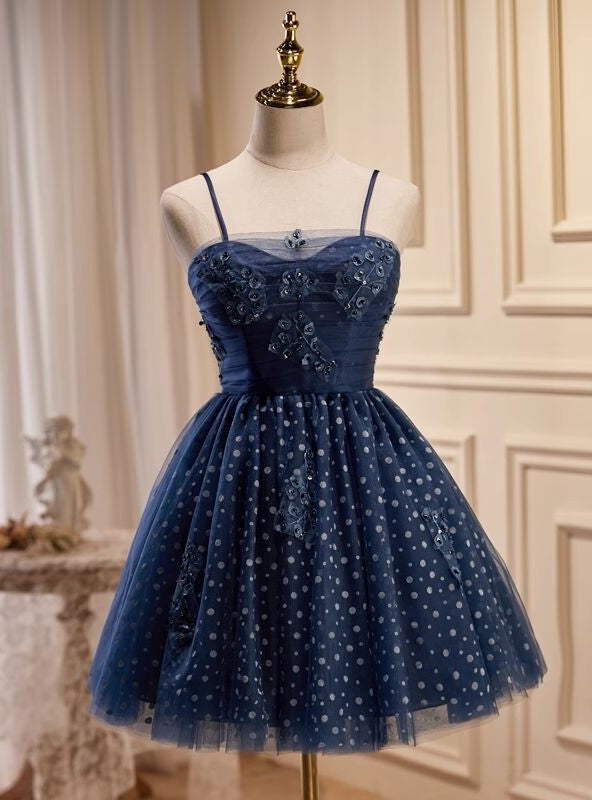 Navy Blue Tulle Beading Homecoming Dress