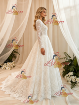 White Lace Long Sleeve V-neck Wedding Dress