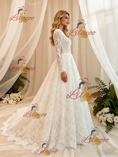 White Lace Long Sleeve V-neck Wedding Dress