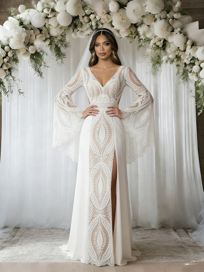 White Lace V-neck Long Sleeve Wedding Dress