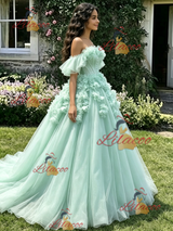 Grene Tulle Off the Shoulder 3D Flower Quinceanera Dress