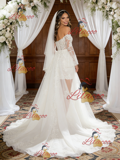 White Lace Tulle Long Sleeve Wedding Dress