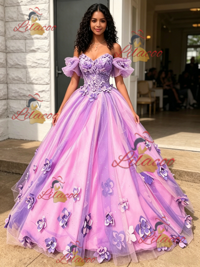 Purple Tulle Off the Shoulder 3D Flower Quinceanera Dress