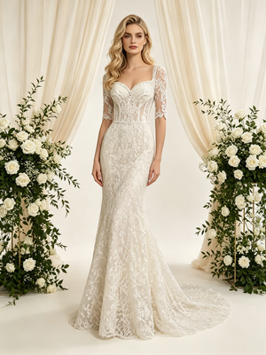 Ivory Mermaid Lace Short Sleeve Wedding Dress