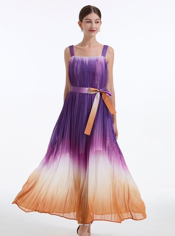 Rainbow Gradient Pleated Sling Big Swing Dress