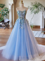 Blue Tulle Spaghetti Straps Appliques Prom Dress